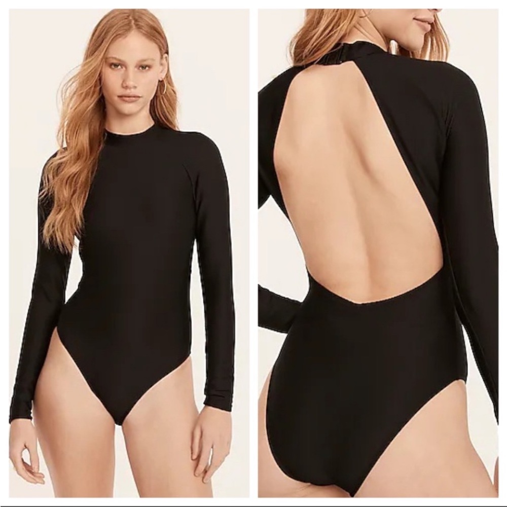 J. Crew Active Ribbed Long-Sleeve One-Piece Rashguard Bathing Suit Open Back NWT